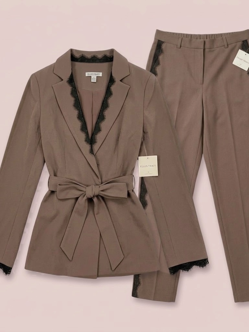 NWT Ellen Tracy Women’s 2-Piece Pantsuit Mocha Brown Lace Trim Belted Blazer